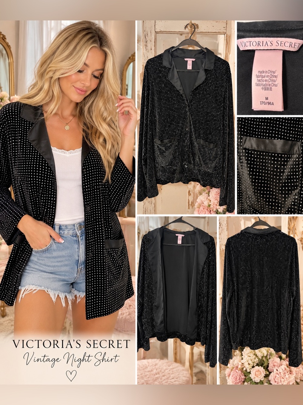 RARE! Victoria's Secret Sz M Black Vintage Studded Night Shirt Jacket